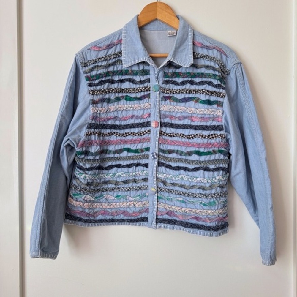 Vintage 90s Quilted Jacket Womens Large Braided Cottage Granny Patchwork Denim‎